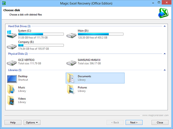 Open the software and select the disk with lost or corrupted Excel files