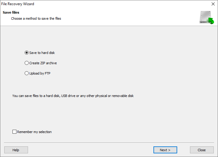 The wizard allows saving the files onto a different disk, archiving them to a ZIP file, or uploading to a network location over the FTP protocol