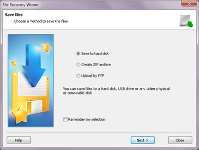 Save Wizard: Choose method for saving your files (save to hard disk, create ZIP archive or save on the Internet through a FTP server)